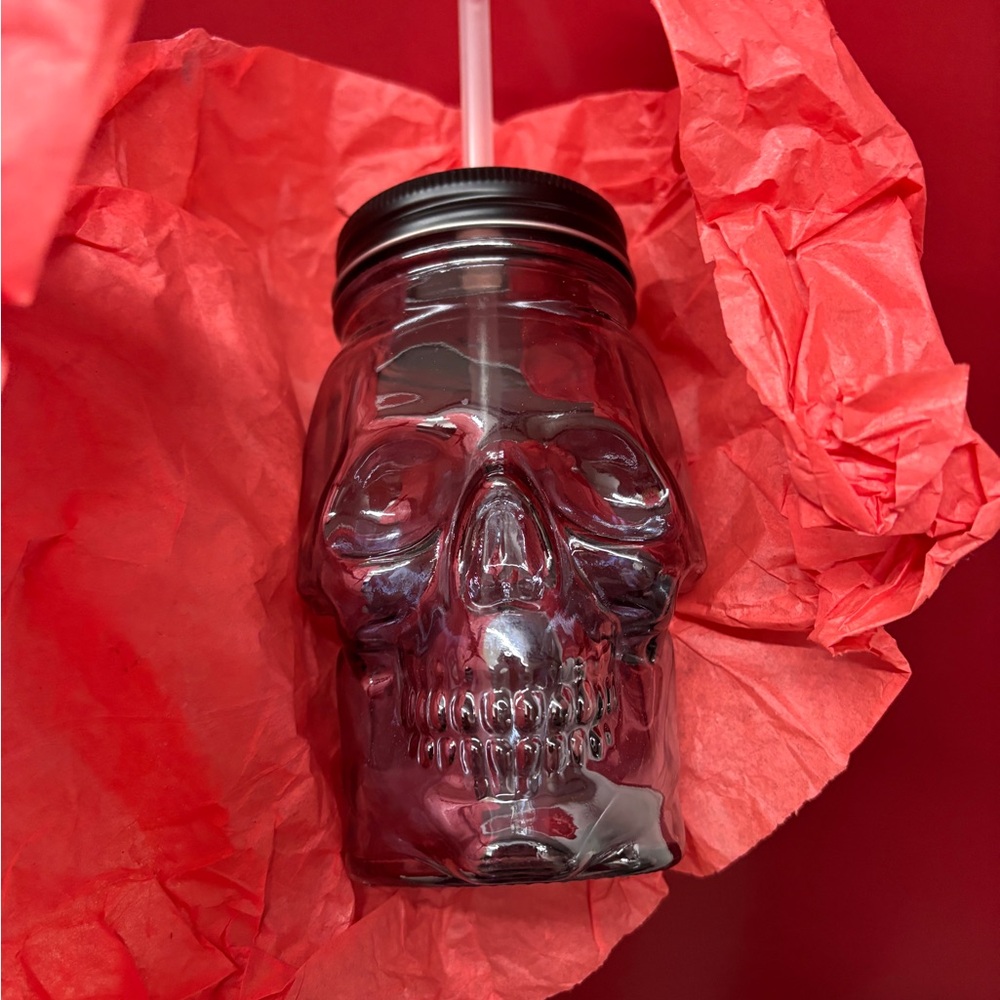 Skull Mason Jar Tumbler with Straw - Black